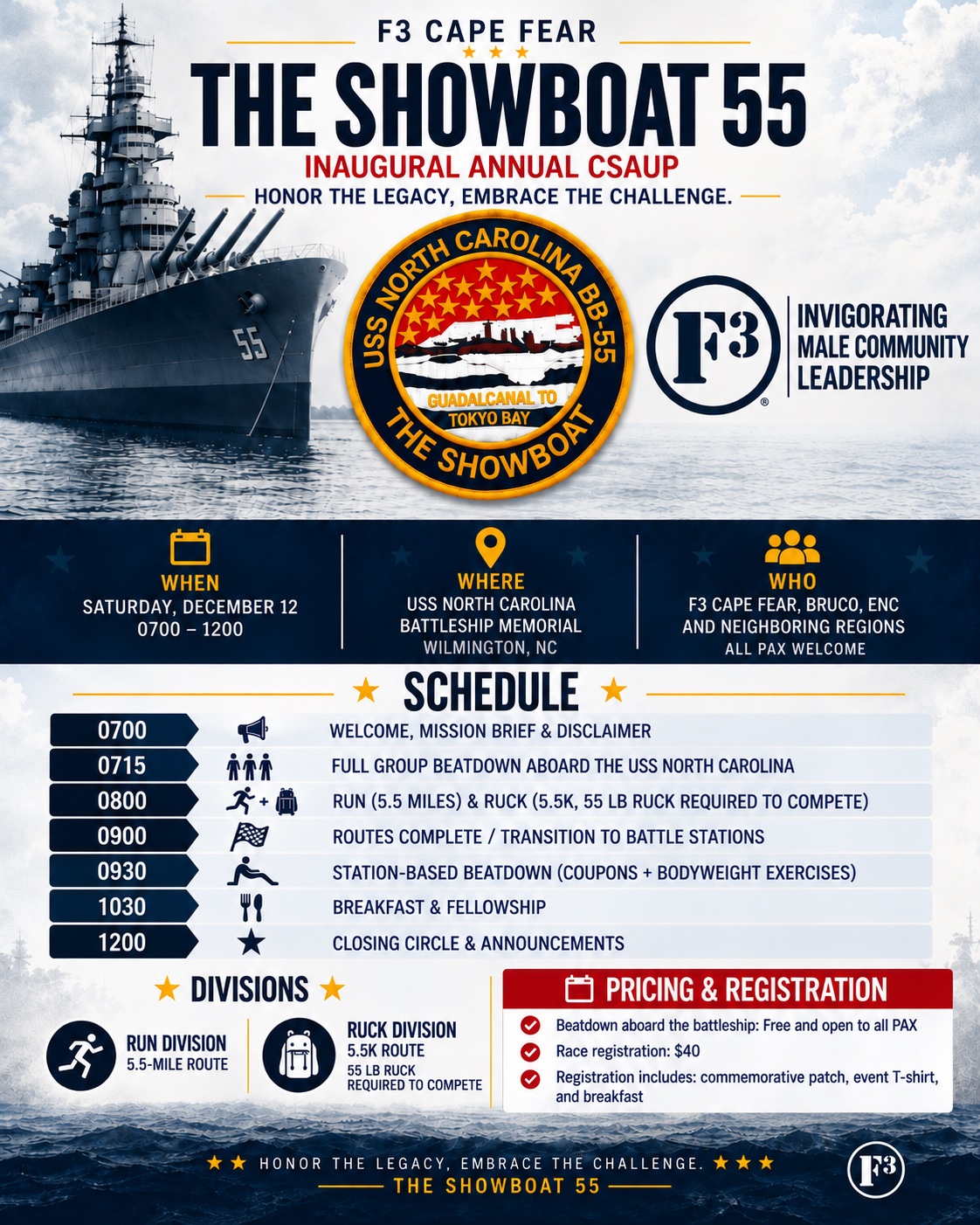 The Showboat 55 — F3 Cape Fear's inaugural annual CSAUP, Saturday, December 12, USS North Carolina Battleship Memorial